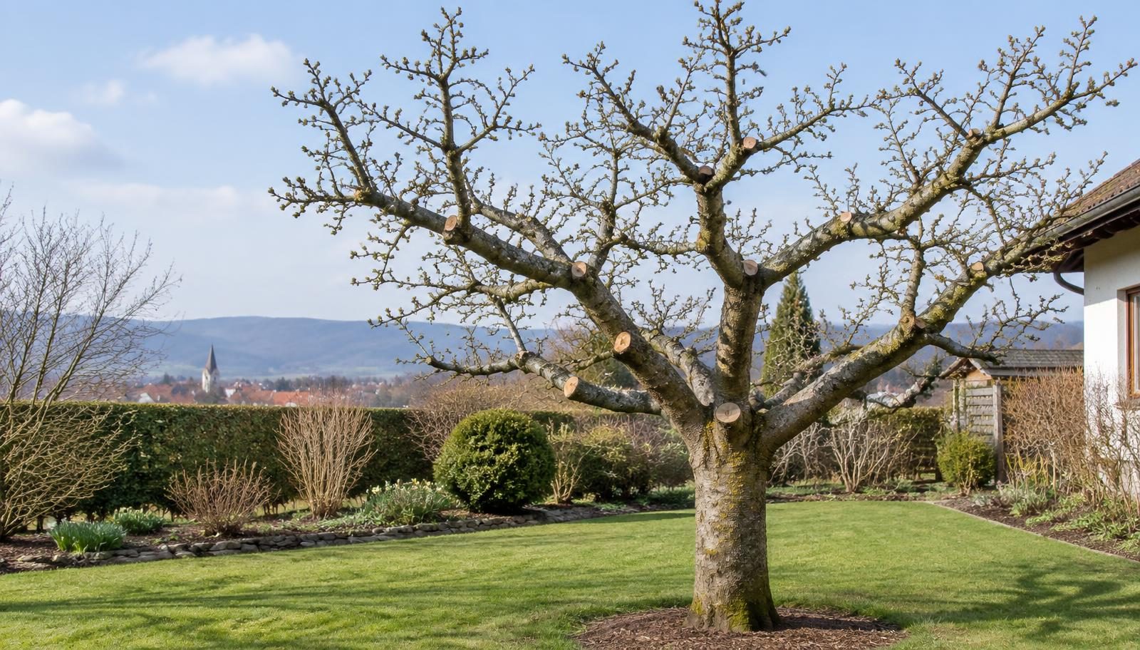 Fachgerecht geschnittener Obstbaum in einem gepflegten Garten im Spätwinter