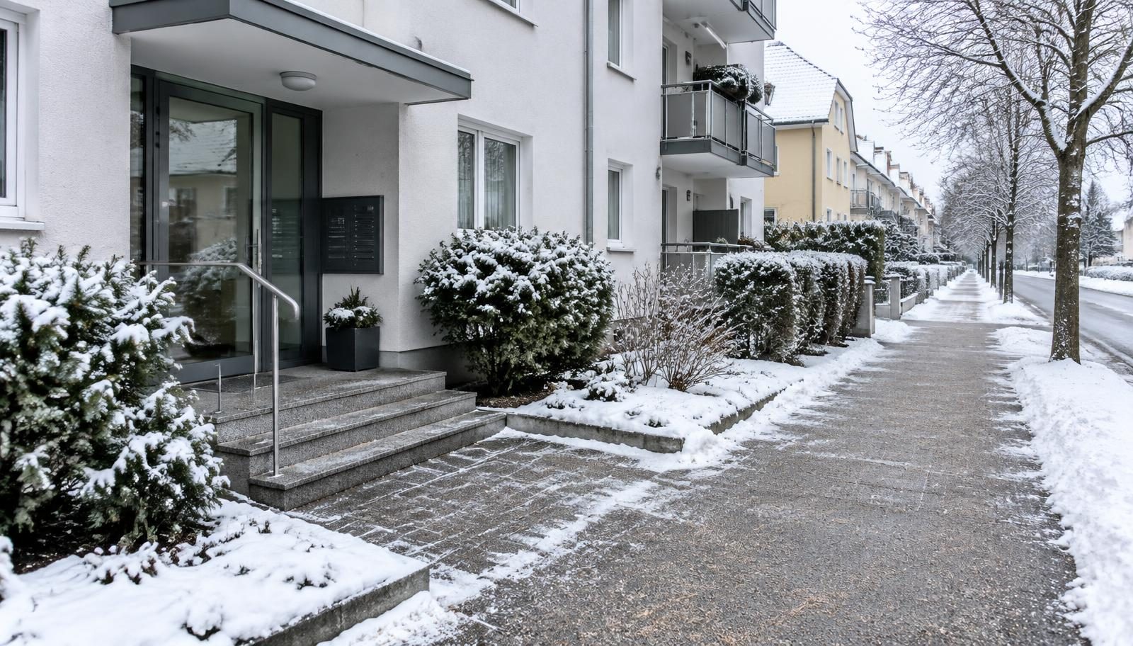 Geräumter und gestreuter Gehweg vor einem Mehrfamilienhaus im Winter